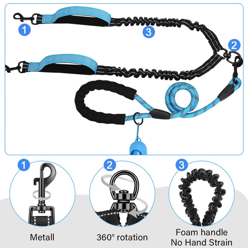 Palwin Double Leash for 2 Dogs, Double Dog Leash, Classic Dog Leashes, for Two Dogs, Adjustable Shock-Absorbing Bungee Reflective Leash for Dogs Small Medium and Large Running Training - PawsPlanet Australia