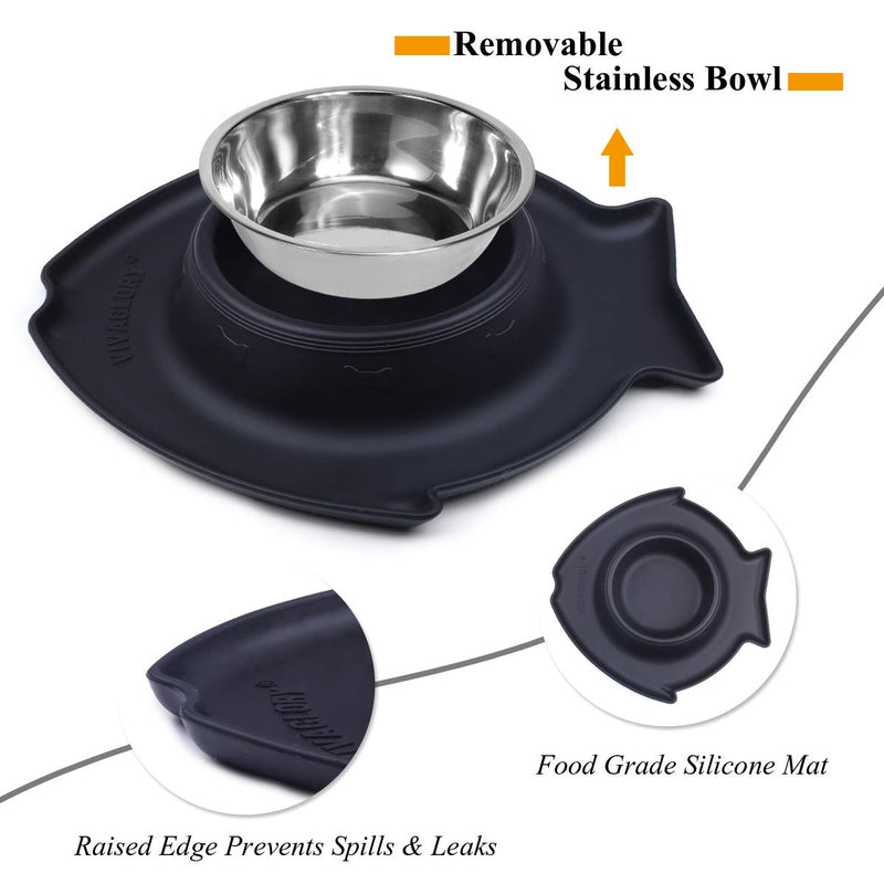 [Australia] - Vivaglory Puppy Bowls, 2 Pack Small Stainless Steel Dog Bowl for Food and Water with Spill Proof Pet Feeding Mat 6.5 oz x 2(Fish) Black 