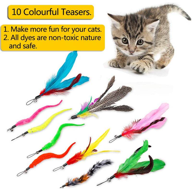 Interactive cat toy with feathers, teaser with 2 scalable rods, 10 cat fishing rod replacement feathers with pendant, feather bell attachments, cat toy set for kittens and cats - PawsPlanet Australia