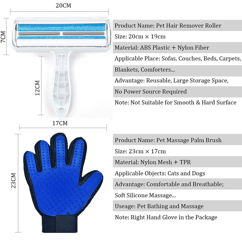 Pet Hair Remover Lint Roller & Pet Grooming Glove, Dog and Cat Fur Remover Brush Self-Cleaning Base, for Furniture, Carpet, Car Seat, Massage Glove with Improved Five Finger Design - PawsPlanet Australia