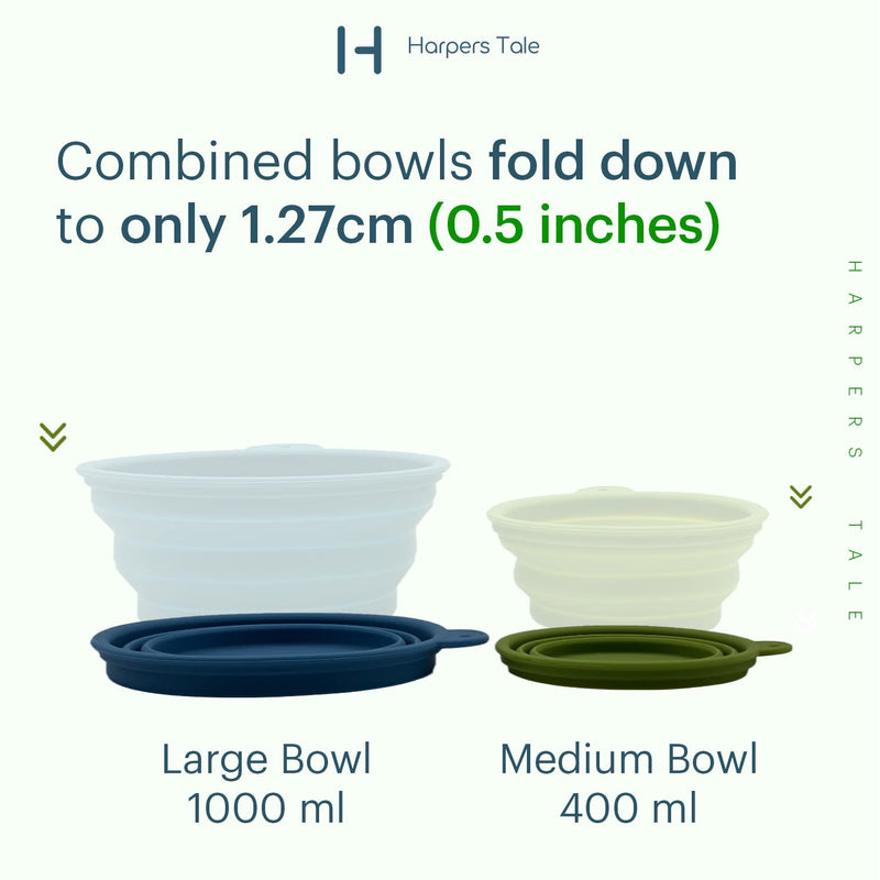 Harpers Tale Two pack Collapsible Travel Dog Bowl -1000ml Blue and 400ml Green with Carabiner Clip Integrated Molding Food Safe Silicone Lightweight Leak-Proof No Plastic Rim - PawsPlanet Australia