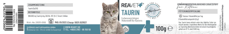 ReaVET Taurine for cats 100g - support of the cardiovascular system, taurine powder 100% pure, amino acids support defenses and cell metabolism - PawsPlanet Australia