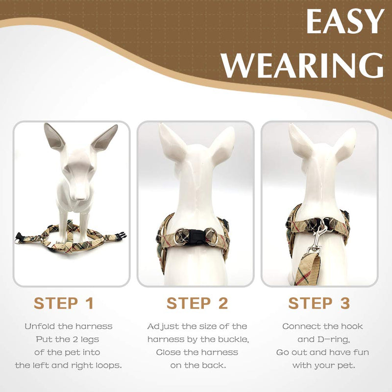 [Australia] - SCIROKKO No Pull Dog Harness and Leash Set - Adjustable Plaid Step in Puppy Basic Harness for Small Medium Dogs Cats S(chest 15.7-22.8in) Beige 