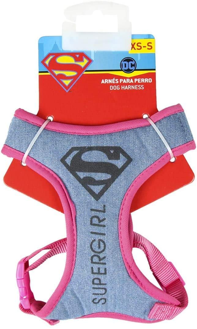 D C Comics SuperGirl Dog Harness, Lightweight Adjustable Breathable Padded Mesh Pet Vest, Outdoor Obedience, Dog Walking and Puppy Training Harness, Strong Buckle, Size XXS/XS Blue Denim - PawsPlanet Australia