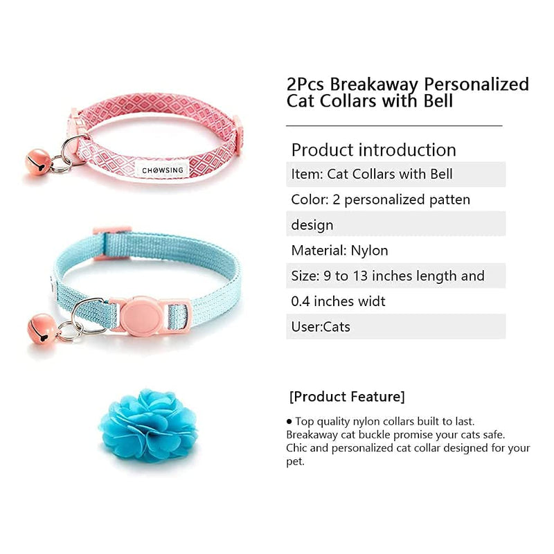 Nourse Chowsing 2Pcs Kitten Collars with Flower Breakaway Cat Collars with Bell Adjustable Strap Kitten Collars for Girls Safety Buckle Cat Collars Blue - PawsPlanet Australia