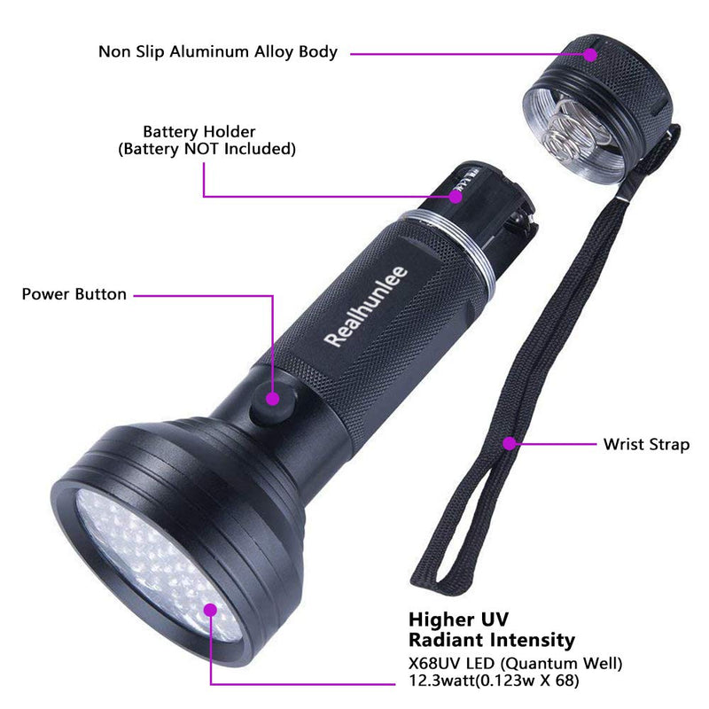 [Australia] - UV Black Light Flashlight, Super Bright 68 LED Pet Dog Cat Urine Detector light Flashlight for Pet Urine Stains, Professional Blacklight Flashlight with UV Sunglasses for Scorpions Hunting 