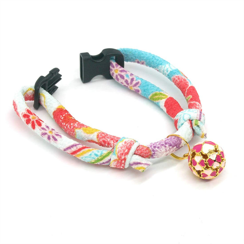 PetSoKoo Quality Chirimen Breakaway Cat Collar with Four-Leaf Clover Bell. Cherry Blossom Flower Pattern. Japan Sakura Style, Cute Cat Collars for Girl Boy Female Male Cats Standard (6-13 inch,16-32cm) Baby Blue - PawsPlanet Australia
