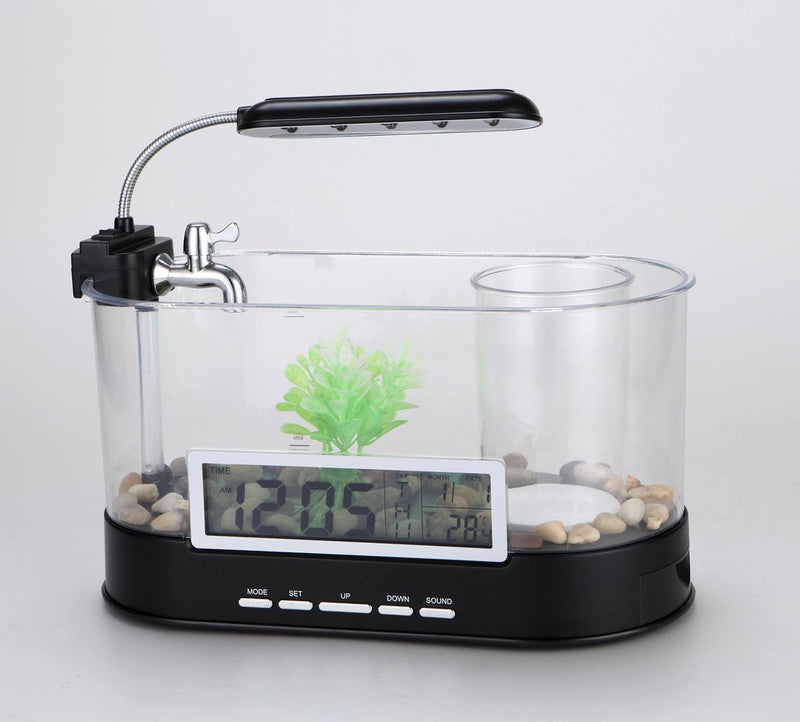 [Australia] - QTMY Mini Desktop Aquariums Fish Tank with LED Light Pen Holder Alarm Clock Office Decoration,Black 