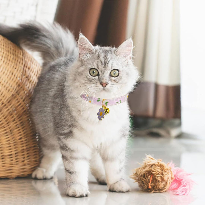 ASYKNM 2 Pack Cotton Cat Collars with Bells, Purple and Green Flower Pendant, Cute Accessories for Girls and Boys, Perfect for Kittens of All Kinds. - PawsPlanet Australia
