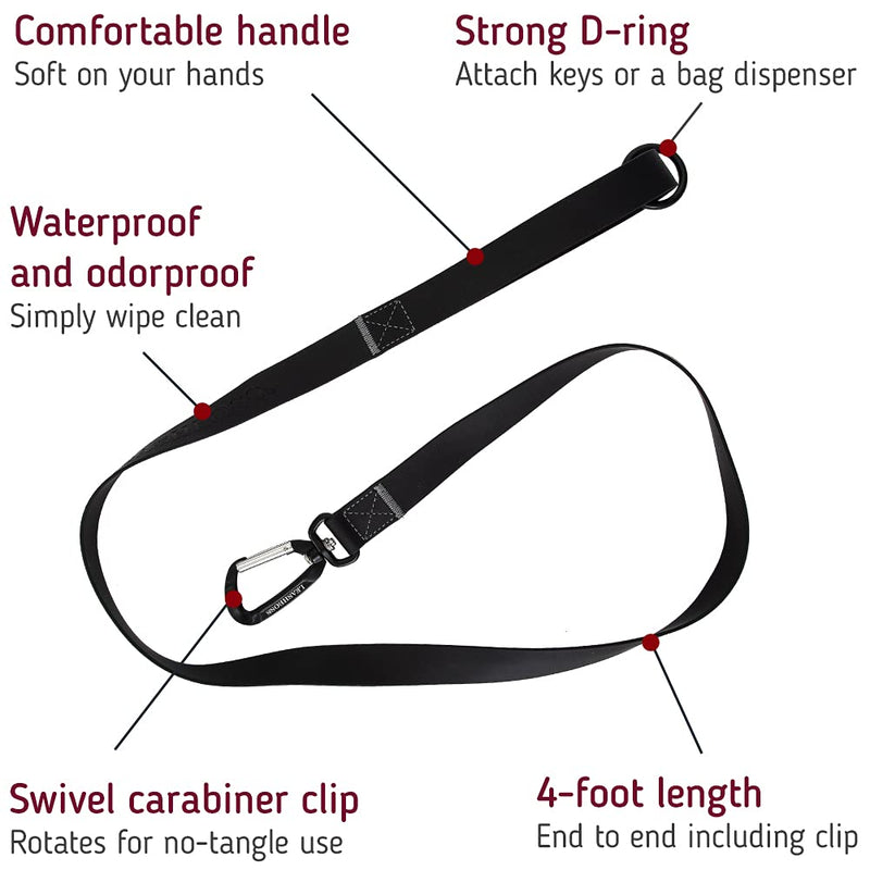 Leashboss Waterproof Dog Leash with Carabiner and O-Ring, 4Ft 6Ft Smell-Proof Anti Odor Coated Nylon Lead, Easy to Clean 4 Ft x 1" Wide Black - PawsPlanet Australia
