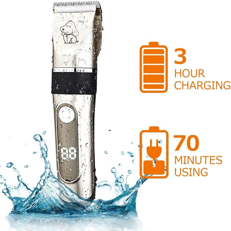 NWOUIIAY IPX7 Clipper Dog Quiet Pet Hair Trimmer Washable Professional Wireless Rechargeable Pet Hair Trimmer Removable with LCD Display for Dog Cat Pet - PawsPlanet Australia