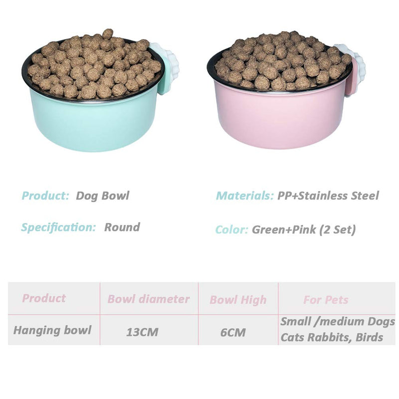 [Australia] - Bettors Pet Crate Bowl for Dog Hanging Pet Feeder Bowl Removable Stainless Steel Cage Hanging Water Food Bowl Dish with Bolt Holder for Pet Dog Cat Bird Puppies Green+Pink 