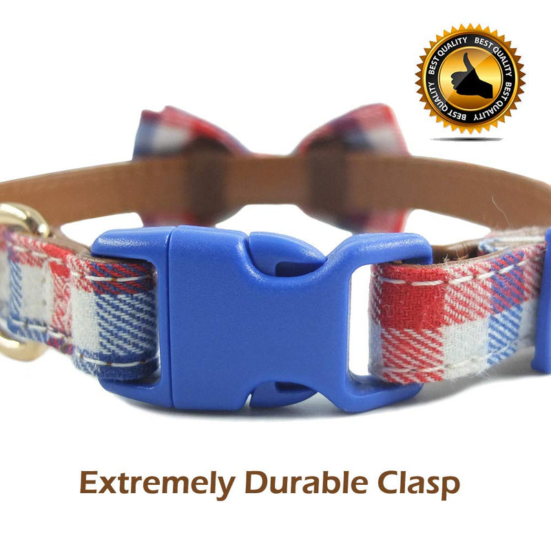 [Australia] - Bow Tie Dog Collar - Cute Plaid Sturdy Soft Cotton&Leather Dog Collars for Small Medium Large Dogs Breed Puppies Adjustable 18 Colors and 3 Sizes M 13"-18" red/White/Blue Plaid 