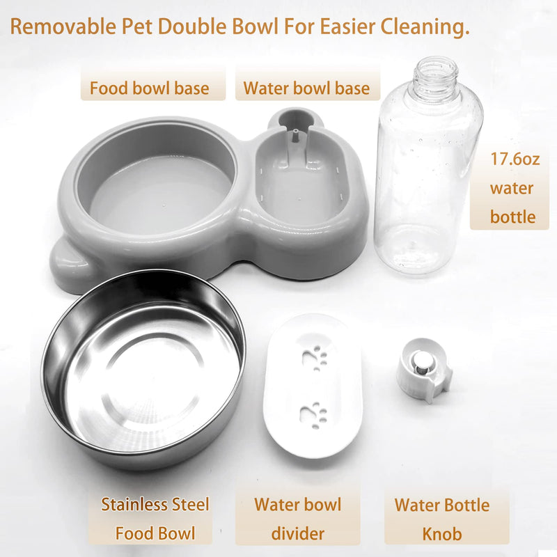 Rabbit Double Bowls Bunny Automatic Water Dispenser Detachable Stainless Steel Bowl No-Spill Water Bottle Food Feeder for Small Animals Bunny Squirrel Cat Puppy Chinchilla Grey - PawsPlanet Australia