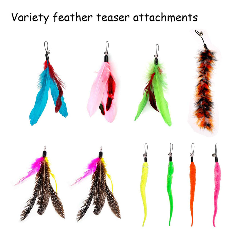 [Australia] - Famgee Feather Teaser Cat Toy - 2 Pcs Retractable Cat Toys Wand and 10 Replacement Refills Assorted Feathers Birds Worms Catcher with Bell, Interactive Teaser and Funny Exercise for Kitten Cats 