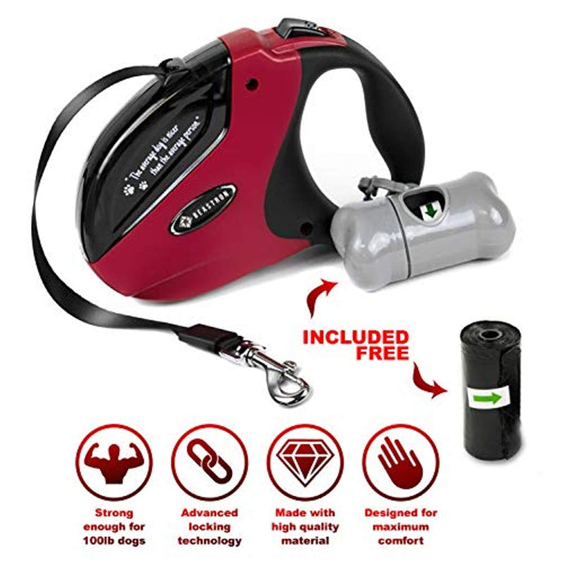 [Australia] - Beastron Heavy Duty Retractable Dog Leash/16' Extra Long Nylon Ribbon Walking Tangle-Free Leash for Medium to Large Dogs up to 110lbs, One Button Break and Lock, Dog Waste Bag and Dispenser Included Red 