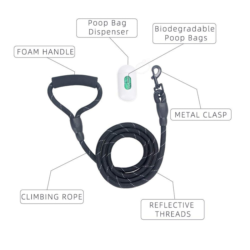 [Australia] - MICOOYO Dog Leash 6Ft Thick Durable Reflective Nylon Rope - Comfortable Padded Handle - Dog Leashes for Small Medium Large Dogs with Garbage Bags 6 FT Black 