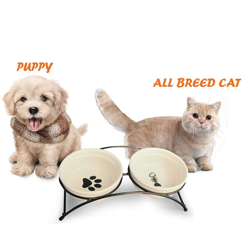 [Australia] - MushroomCat Pet Personalized Cute Feeder Double Ceramic Cat Dog Bowl Dishes Elevated Food and Water Bowls with Metal Raised Antiskid Stand Beige 