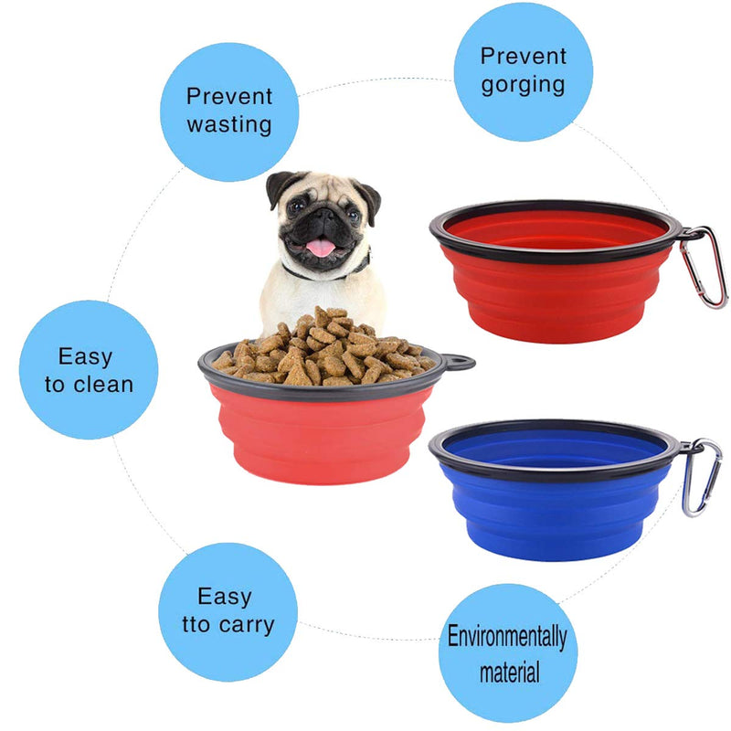 Liwein Collapsible Dog Bowl,2 Slow Feeder Dog Bowl Large Silicone Portable Pet Cat Travel Food Water Bowl with Carabiner Clips for Outdoor Camping Hiking (Blue+Red) - PawsPlanet Australia