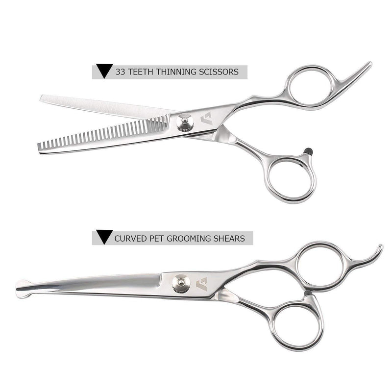 AUGYMER Dog Grooming Scissors Kit, Rounded Tips 5 PCS Curved Pet Grooming Scissors for Cats Dogs Stainless Steel Scissor for Body Face Ear Nose Paw - PawsPlanet Australia