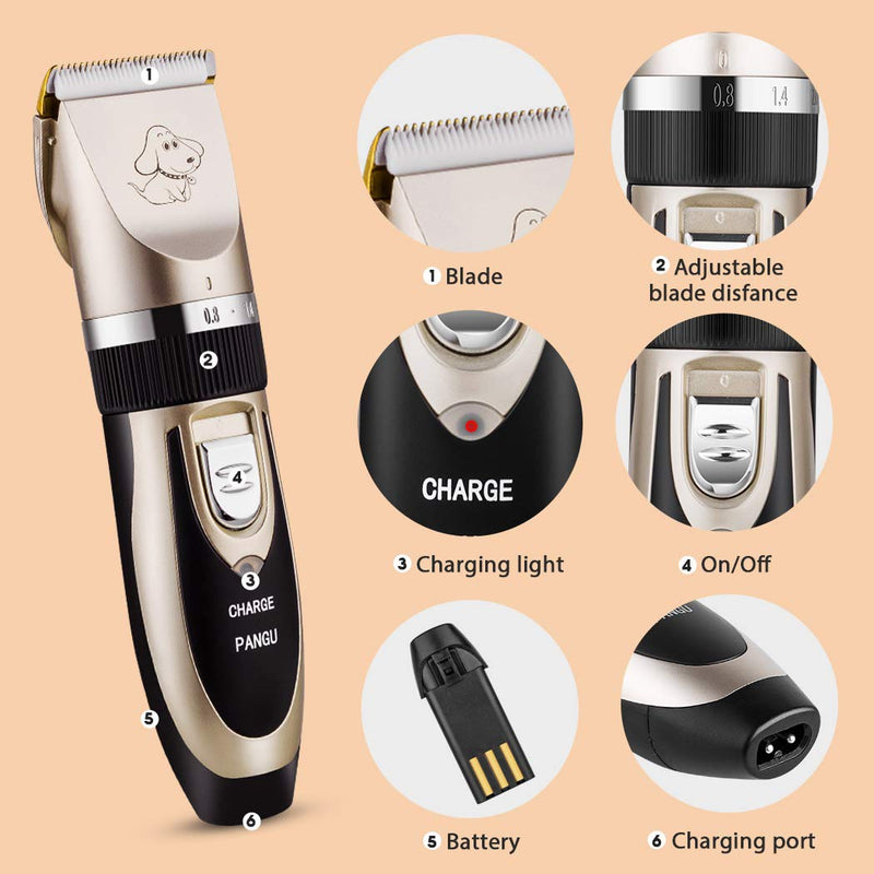 PANGU Dog Clippers Professional Pet Grooming Kit Low Noise, Rechargeable Pet Shaver Cordless Silent Dog Hair Trimmer with scissors comb Best Hair Clipper for Dogs Cats pets Gold - PawsPlanet Australia