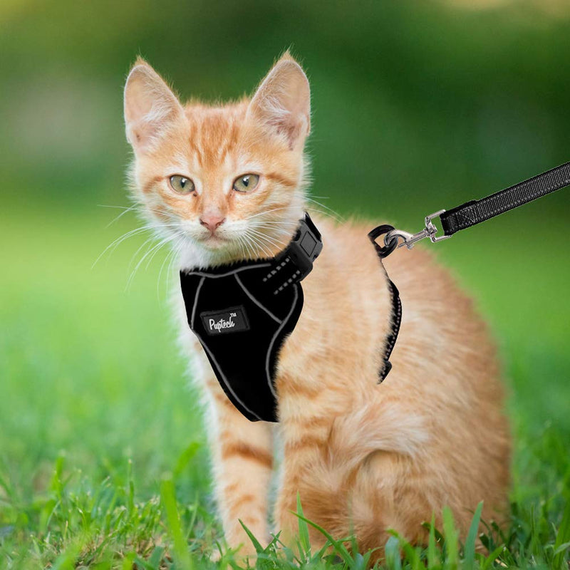 PUPTECK Reflective Cat Harness and Leash Set for Small and Medium Kitties Kitten Outdoor, Escape Proof Easily Adjustable, Soft and Comfortable S-Neck girth:8-10in Chest girth:10-14in Black - PawsPlanet Australia