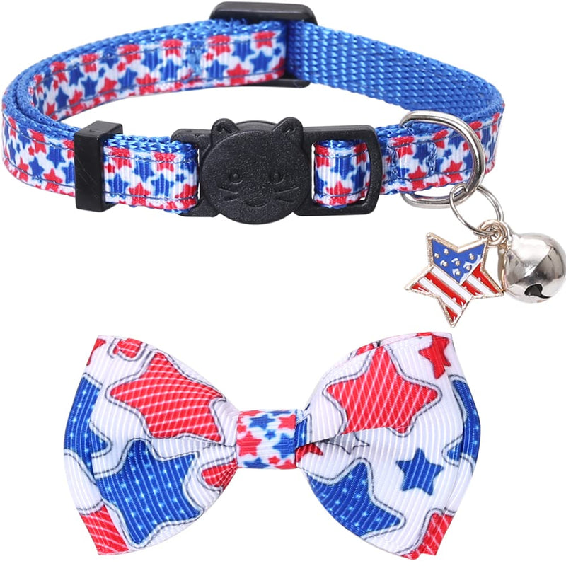 Lamphyface American Flag Cat Collar with Bell Bow Tie Star Breakaway Adjustable for 4th of July Independence Day 2PCS-1 - PawsPlanet Australia