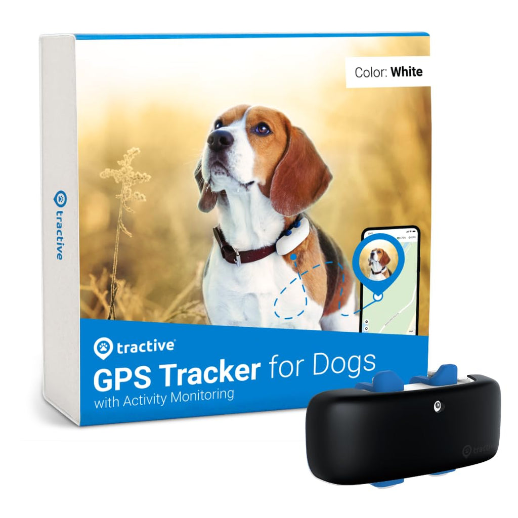 Tractive GPS Tracker & Health Monitoring for Dogs - Market Leading Pet GPS Location Tracker, Wellness & Escape Alerts, Waterproof, Works with Any Collar (White with Black Cover) Tracker w/ Black Cover - PawsPlanet Australia
