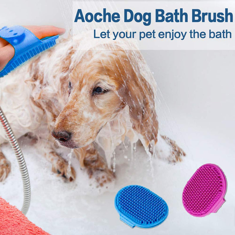 Dog Bath Brush , Aoche Pet Bath Comb Brush Soothing Massage Rubber Comb 2pcs with Adjustable Ring Handle for Long Short Haired Dogs and Cats (blue+rose) - PawsPlanet Australia