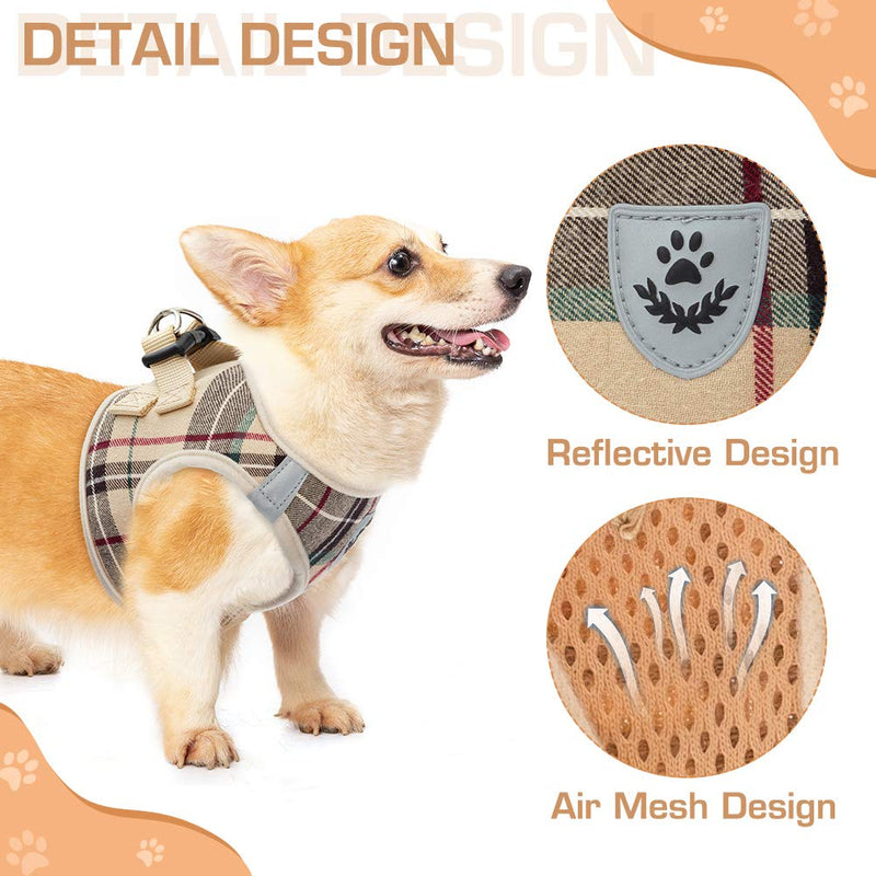 Soft Mesh Plaid Puppy Harness - Small Dog Harness and Leash Set, Adjustable & Comfortable Padded Reflective Vest for Puppies and Small Breeds Dogs Walking X-Small (Pack of 1) Beige - PawsPlanet Australia