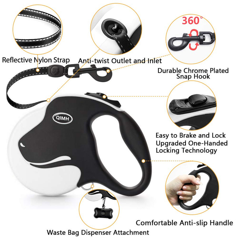 [Australia] - QiMH Retractable Dog Leash, 360° Tangle-Free Heavy Duty 16ft Reflective Walking Dog Leash Ribbon with Anti-Slip Handle for Medium and Large Dogs Up to 110lbs, One-Handed Brake, Pause and Lock Black & White 