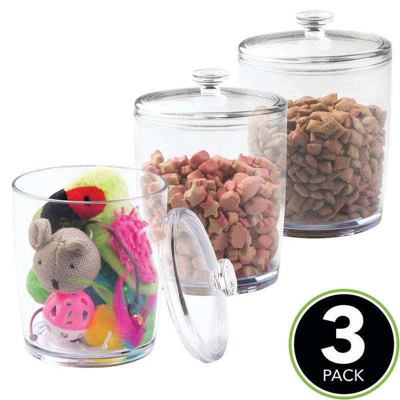 mDesign Tall Plastic Pet Storage Canister Jar with Lid - Holds Cat/Kitten Food, Treats, Toys, Medical, Dental and Grooming Supplies - Medium - 3 Pack - Clear - PawsPlanet Australia