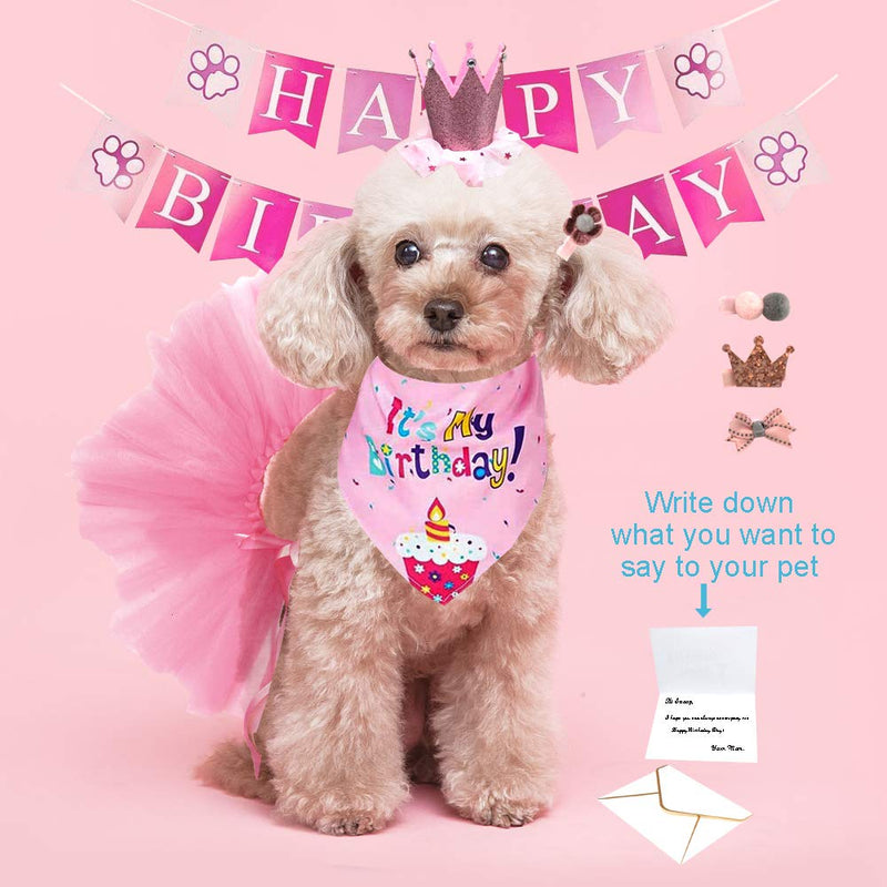 Dog Birthday Bandana Girl Pink Tutu - Dog Birthday Party Accessories - Pink Tutu Skirt Crown Hat Scarf Happy Birthday Banner Birthaday Card Hair Clip for Dog Birthday Outfit for Birthday Party Gift - PawsPlanet Australia