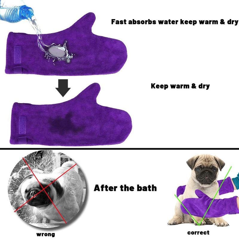 2 Pack Dog Drying Mitts, Dog Towel Glove, Ultra Absorbent Microfiber Pet, Pet Dog Towel Glove Super Absorbent Microfiber Dog Foot Paw Cleaning Towel Washable Reusable2.0-Purple - PawsPlanet Australia