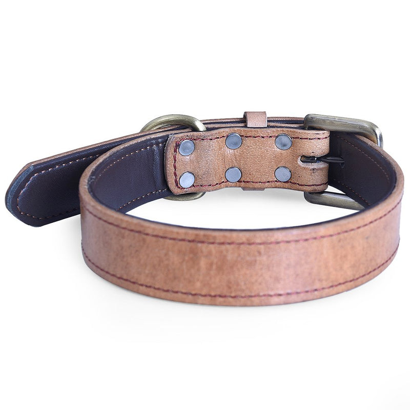 [Australia] - Moonpet Soft Padded Real Genuine Leather Dog Collar - Best Full Grain Heavy Duty Dog Collar - Durable Strong Adjustable for Small Medium Large X-Large Male Female Dogs Walking Running Training M,16-20'' Light Brown 