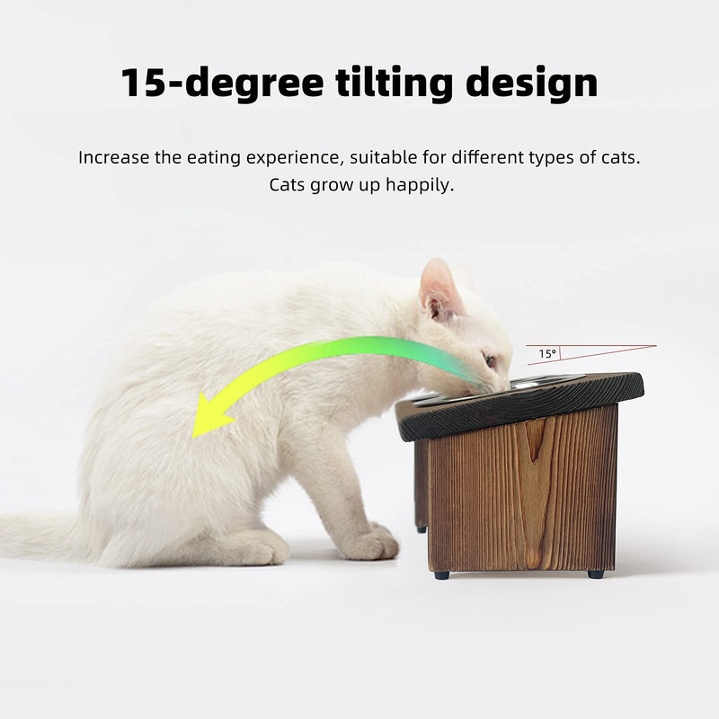 Raised Tilted Cat Bowl, Elevated Slanted Feeding Bowl for Cat and Dogs, Pet Food and Water Bowl with Adjustable Wooden Stand, Anti Slip Dog Cat Feeder with 2 Stainless Steel Bowls - PawsPlanet Australia