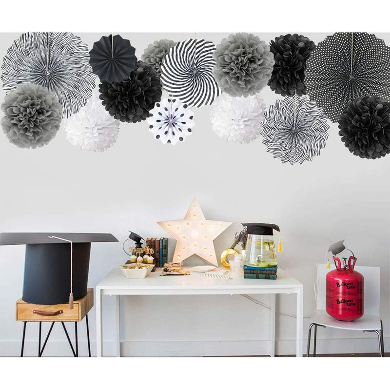 Black White Hanging Paper Party Decorations, Round Pattern Paper Fans Set with Tissue Paper Pom Poms Flower Balls for Halloween Wedding Bridal Baby Shower Graduation Events Accessories, Set of 14 Black White - PawsPlanet Australia