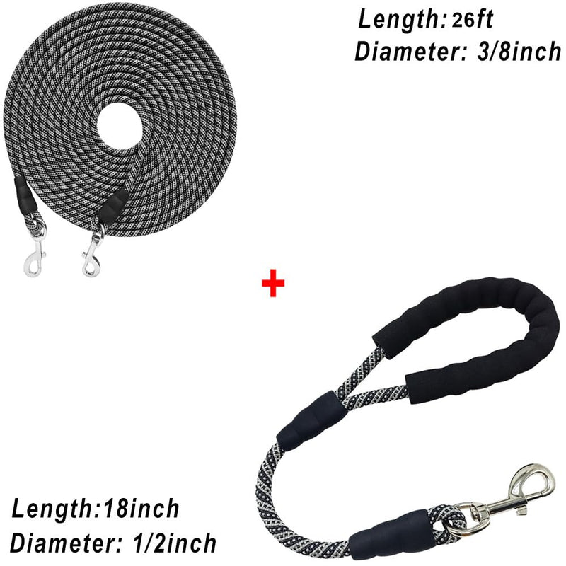 YUCFOREN 26FT Black Check Cord/Tie Out + 18 Inch Short Dog Leash Black - PawsPlanet Australia