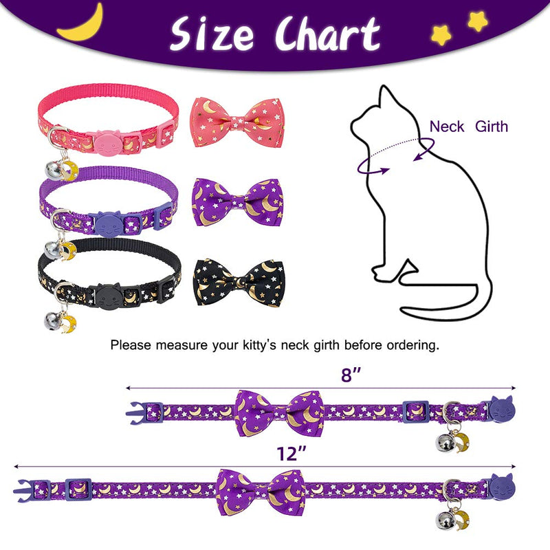 [Australia] - BINGPET Luminous Cat Collar with Bells - Glow in The Dark Detachable Bow Tie Collars 3 Pack - Breakaway Adjustable Hot Stamping Pet Kitten Collars with Popular Star and Moon Patterns 