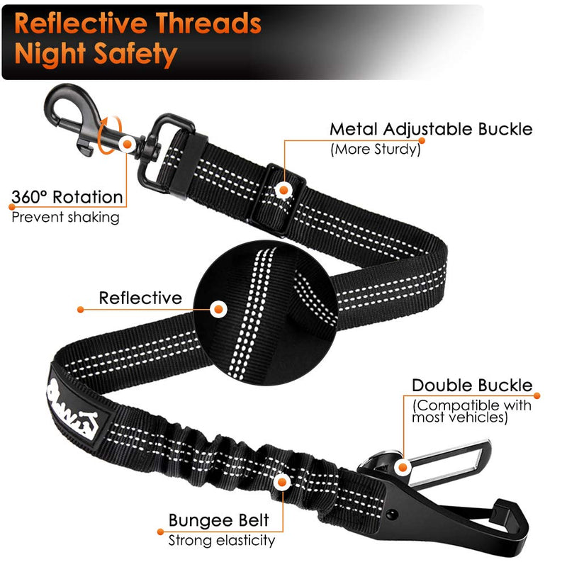 Eyein Dog Seat Belt, 2 in 1 Attachment Dog Car Harnesses Belt, Hook Latch Bar & Seatbelt Buckle with Anti Shock Elastic Nylon Bungee Buffer, Adjustable Reflective Duty Pet Safety Belts for Vehicle 2 pcs Black - PawsPlanet Australia