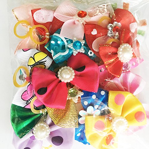 Chenkou Craft 20pcs New Dog Hair Bow With Rubber Band Rhinestone Pet Grooming Products Mix Colors Varies Patterns Pet Hair Bows Dog Accessories - PawsPlanet Australia