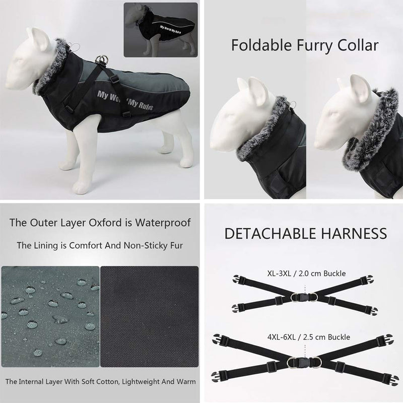 [Australia] - Domkim Dog Coats for Winter Windproof Waterproof Dog Jackets with Harness for Cold Weather Warm Reflective Dog Vest with Fur Collar for Medium Large Dogs XL Grey 