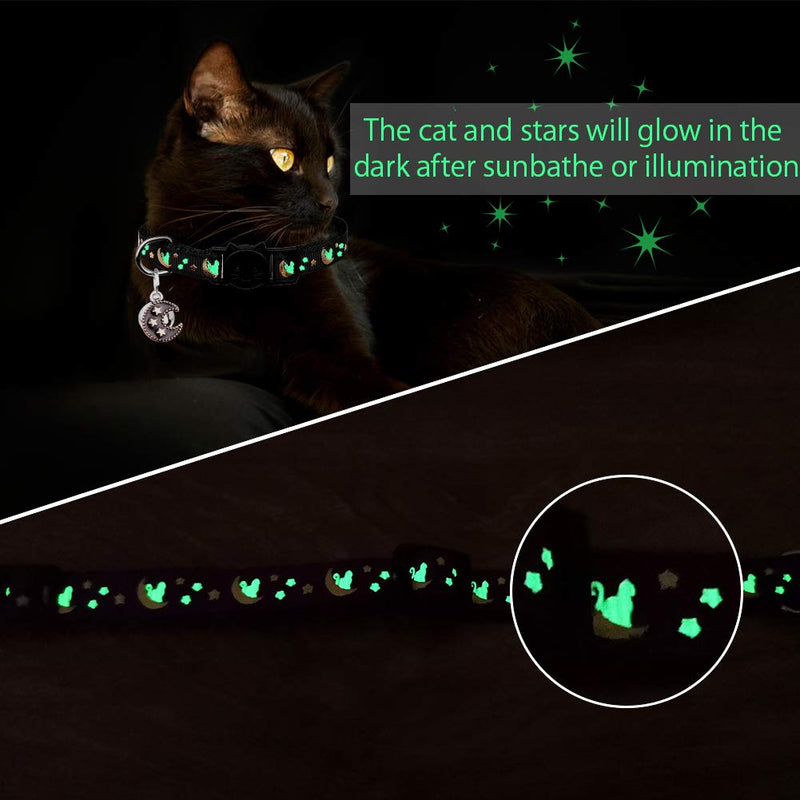 [Australia] - 2PCS Breakaway Cats Collars with Bell Moons Stars Adjustable Kitten Collars with Pendant Glow in The Dark Pink+Black 