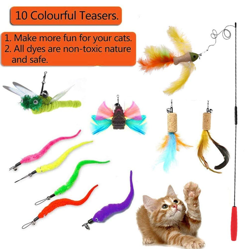 Aidiyapet Cat Feather Toys, Interactive Retractable Cat Teaser Wand with Bells and Feather, Cat Toys for Indoor Cats Kitten Interactive Training(10PCS) - PawsPlanet Australia