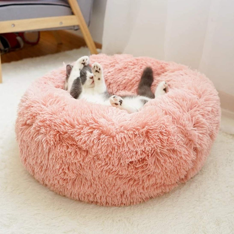 [Australia] - ALLNEO Original Cat and Dog Bed Luxury Shag Fuax Fur Donut Cuddler Round Donut Dog Beds Indoor Pillow Cuddler for Medium Small Dogs M-24*24*8inch Pink 