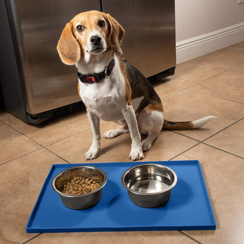 Leashboss Splash Mat Dog Food Mat with Tall Lip, M/L (20"x13"), XL (25”x17”) or XXL (30"x22") Dog Bowl Mat for Food and Water, Non Slip Waterproof Silicone Pet Food Mat for Dogs and Cats M/L - 20 x 13 Inches Blue - PawsPlanet Australia