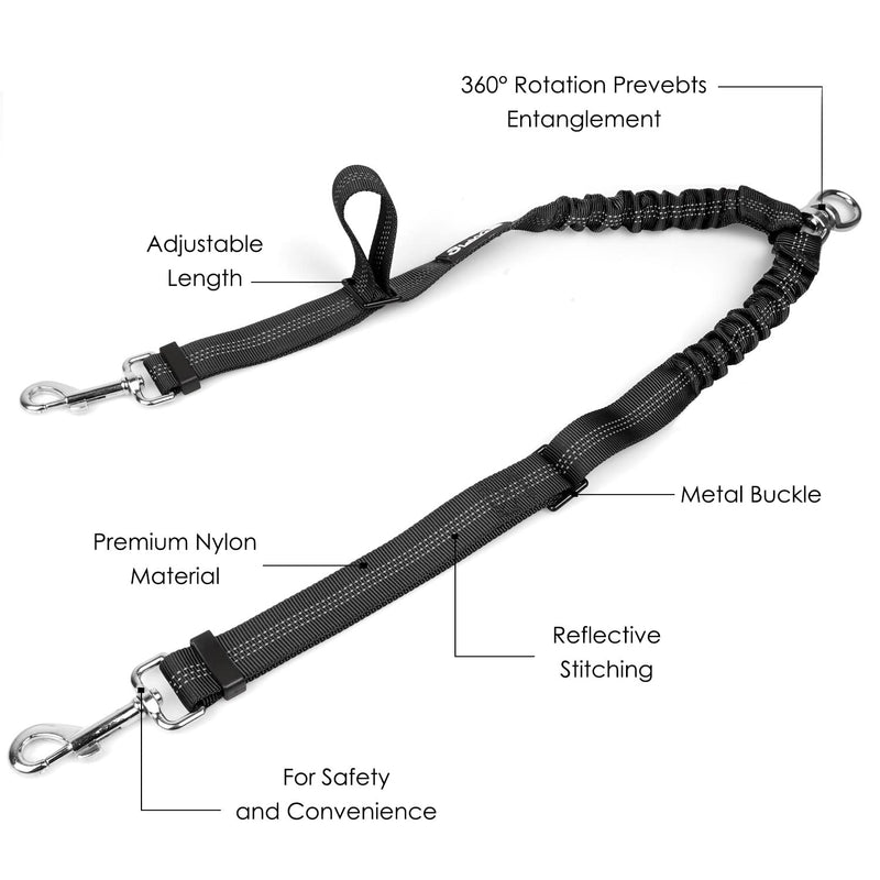 AUTOWT Double Dog Leash, No Tangle 360° Swivel Rotation Reflective Lead Attachment Adjustable Length Dual Two Dog Lead Splitter, Comfortable Shock Absorbing Walking Training for 2 Dogs Medium >20lbs Black-Adjustable - PawsPlanet Australia