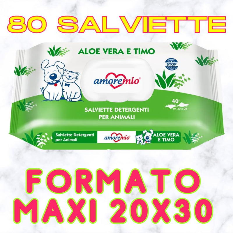 80 cleaning wipes for dogs, cats, pets, disinfectant, formula without smell, maxi size 30 x 20 cm, cleaning paws, fur made in Italy (aloe vera and thyme) aloe vera and thyme - PawsPlanet Australia