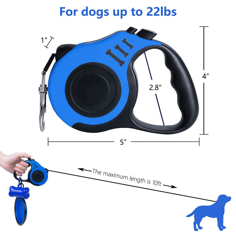 Dunhuang Retractable Dog Leash for X-Small/Small/Medium, 10ft/16ft (for Dogs Up to 22lbs/33lbs), with 1 Free Portable Silicone Dog Bowl + 1 Waste Bag Dispenser + 3 Waste Bag 10ft (for Dogs Up to 22lbs) Blue - PawsPlanet Australia