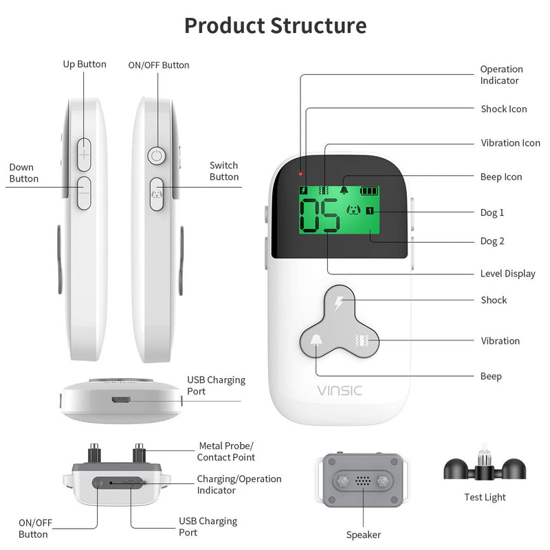 [Australia] - VINSIC Shock Collar for Dogs,Dog Traning Collar With Remote 300 Meters Remote Control Mini Dog bark Collar for Small Large Dog with LCD Display 1-5 Level Shock and Vibration, Safe for Small Large Dogs White-1 